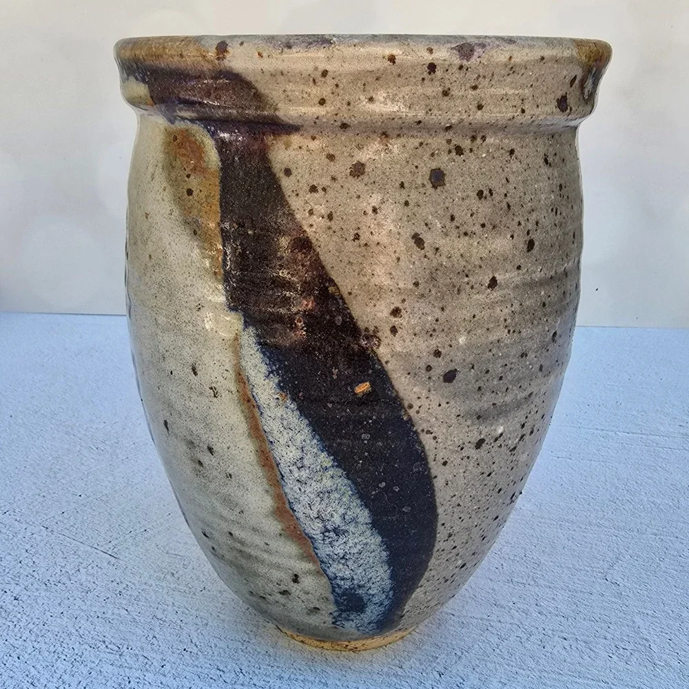 Studio MCM Pottery Hand Thrown Speckled Glaze Vase Abstract Indigo Ochre Signed